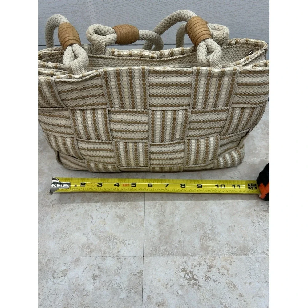 Vintage Handbag White & Brown Straw Woven Purse Rope Handles Made In Italy - Picture 8 of 10